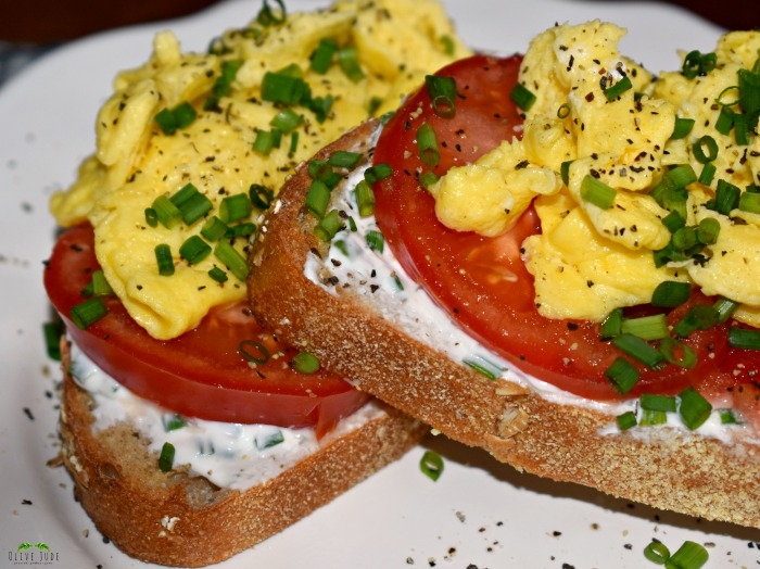 Scrambled Egg Breakfast Toast with Tomato and Chive Goat Cheese