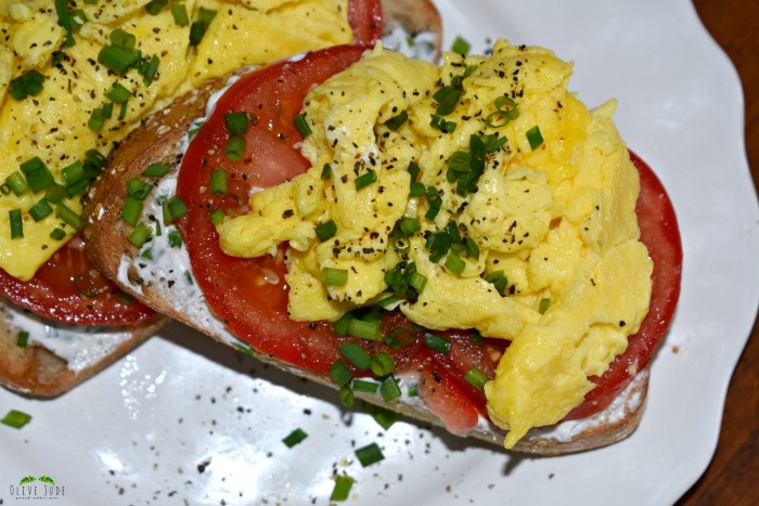 Scrambled Egg Breakfast Toast with Tomato and Chive Goat Cheese