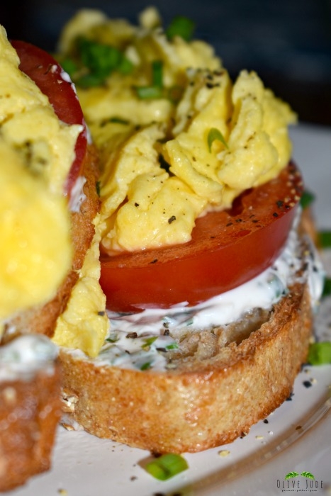 Scrambled Egg Breakfast Toast with Tomato and Chive Goat Cheese