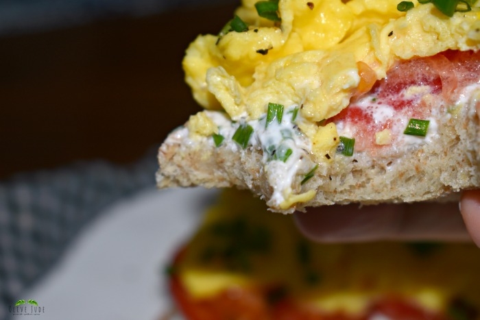 Scrambled Egg Breakfast Toast with Tomato and Chive Goat Cheese