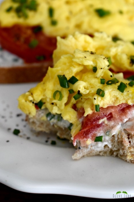 Scrambled Egg Breakfast Toast with Tomato and Chive Goat Cheese