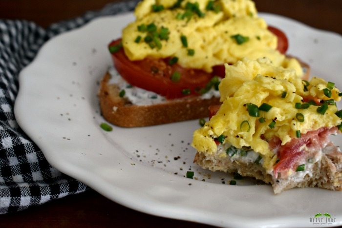 Scrambled Egg Breakfast Toast with Tomato and Chive Goat Cheese