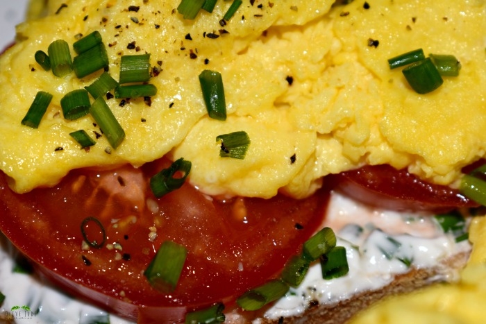 Scrambled Egg Breakfast Toast with Tomato and Chive Goat Cheese