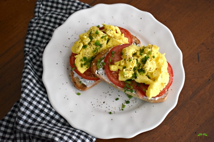 Scrambled Egg Breakfast Toast with Tomato and Chive Goat Cheese