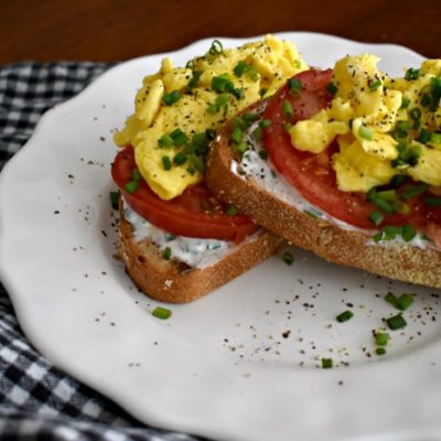 Scrambled Egg Breakfast Toast with Tomato and Chive Goat Cheese