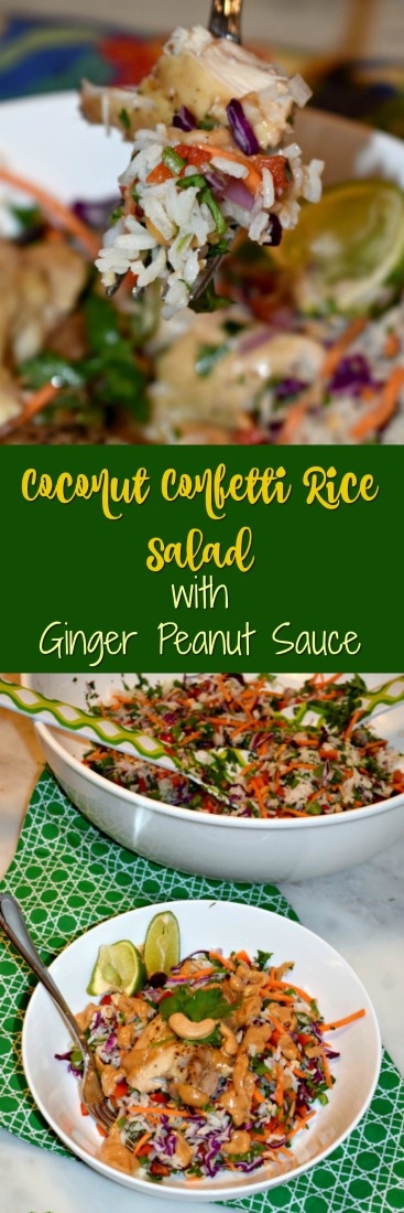 Coconut Confetti Rice Salad with Ginger Peanut Sauce