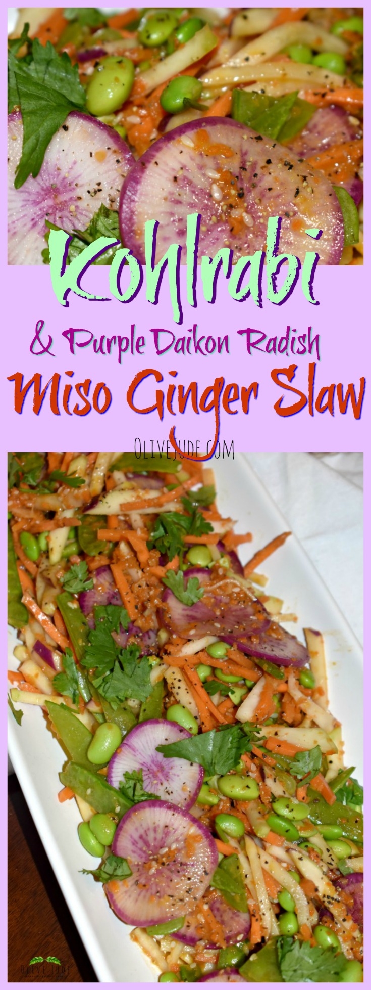Kohlrabi and Purple Daikon Radish Miso Ginger Slaw