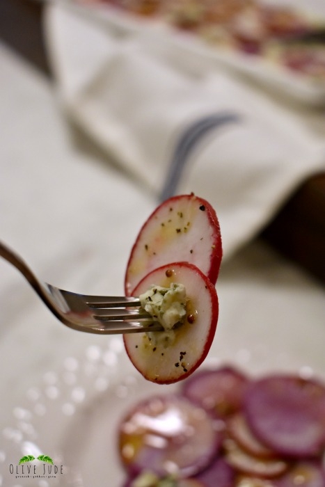Radish Carpaccio with Mustard Seed Vinaigrette and Buttermilk Blue Cheese