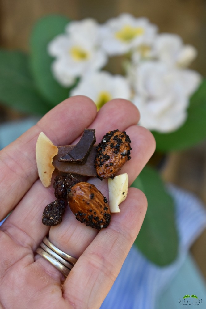 Coffee Roasted Almonds and Chocolate Coconut Snack Mix #coffeeroastedalmonds #sweetsnackmix #chocolatetrailmix