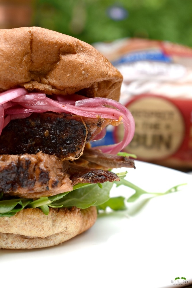 Smoked Brisket Burger with Pickled Onions and Blue Cheese Butter #PepperidgeFarm #RespecttheBun #smokedbrisket