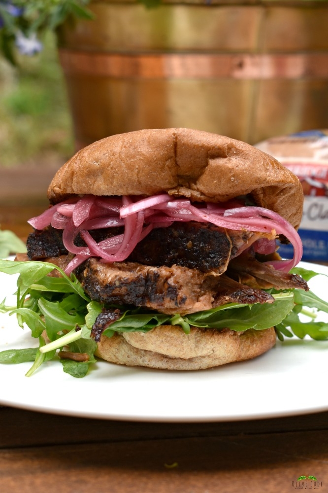 Smoked Brisket Burger with Pickled Onions and Blue Cheese Butter #PepperidgeFarm #RespecttheBun #smokedbrisket