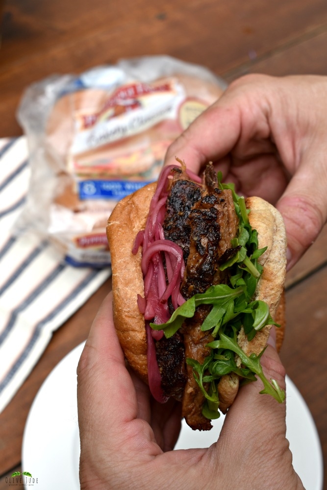 Smoked Brisket Burger with Pickled Onions and Blue Cheese Butter #PepperidgeFarm #RespecttheBun #smokedbrisket