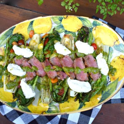 Charred Romaine and Steak Salad with Whipped Burrata and Basil Oil