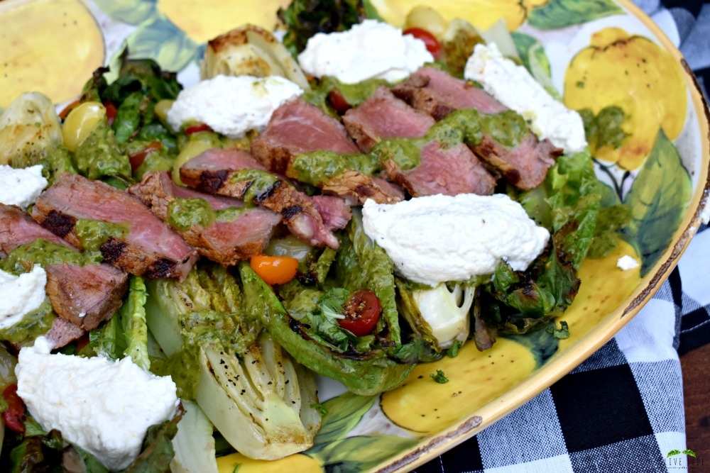 Charred Romaine and Steak Salad with Whipped Burrata and Basil Oil #grilledromaine #steaksalad #summerdinnersalads #grilledsteaksalad #charredromaine #whippedburrata