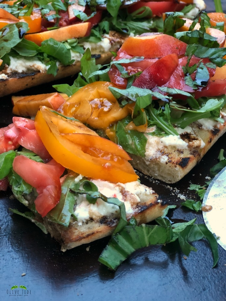 Grilled Ciabatta Toast with Tomato, Peach & Whipped Burrata #tomatoandburrat #whippedburrata #grilledciabatta #tomatoandpeach