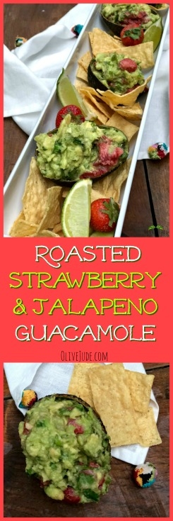 Roasted Strawberry and Jalapeño Guacamole #strawberryguacamole #roastedstrawberries #fruitguacamole #strawberryavocado