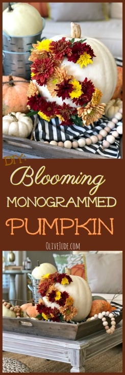 DIY: Blooming Monogrammed Pumpkin #bloomingpumpkin #floralpumpkin #pumpkincenterpiece #monogrammedpumpkin