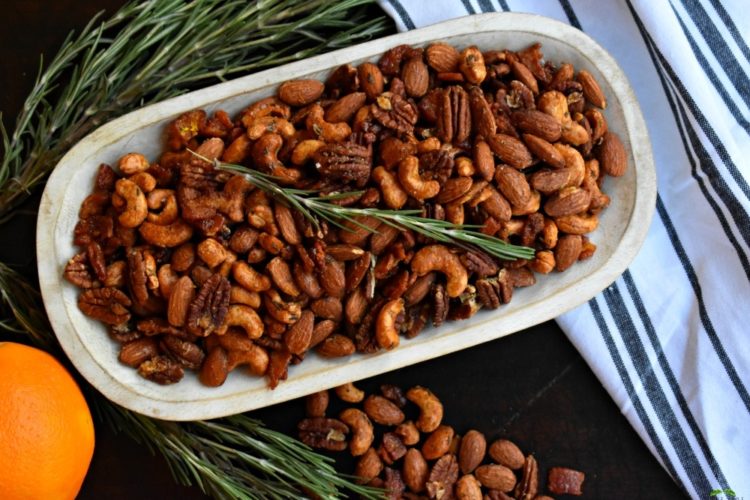 Rosemary Citrus Party Nuts with Maple Glazed Bacon #partynuts #roastednuts #rosemarycitrusnuts #mapleglazedbacon #nutsandbacon