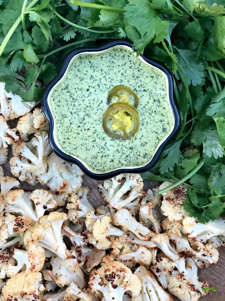 Cilantro Chimichurri Aioli Dip with Roasted Cauliflower Bites #ad #StepUpYourSnackGame #Mezzetta #chimichurri #aioli #cilantrochimchurri #chimichurriaioli #roastedcauliflower