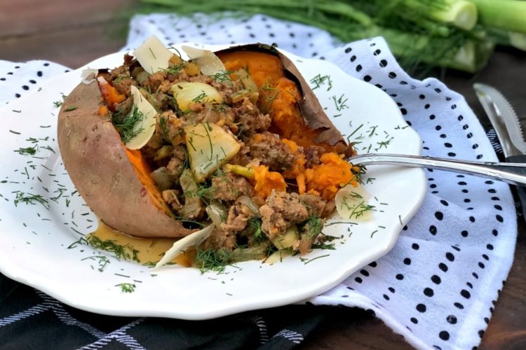 Sausage and Fennel Loaded Sweet Potato #bakedsweetpotato #loadedsweetpotato #sausageandfennel #sausageandsweetpotato #comfortfood