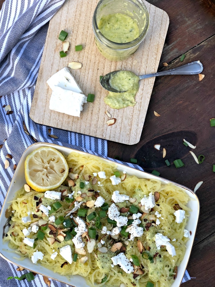 Warm Spaghetti Squash Salad with Artichoke Purée #spaghettisquashrecipes #artichokepuree #spaghettisquashsalad #artichokedressing