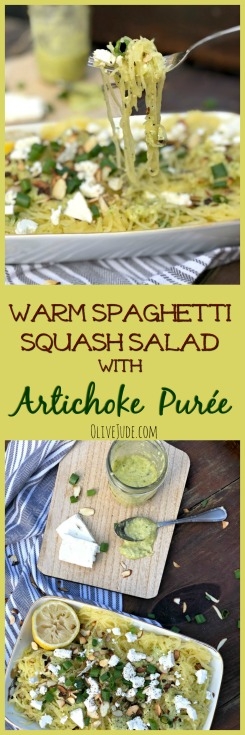 Warm Spaghetti Squash Salad with Artichoke Purée #spaghettisquashrecipes #artichokepuree #spaghettisquashsalad #artichokedressing