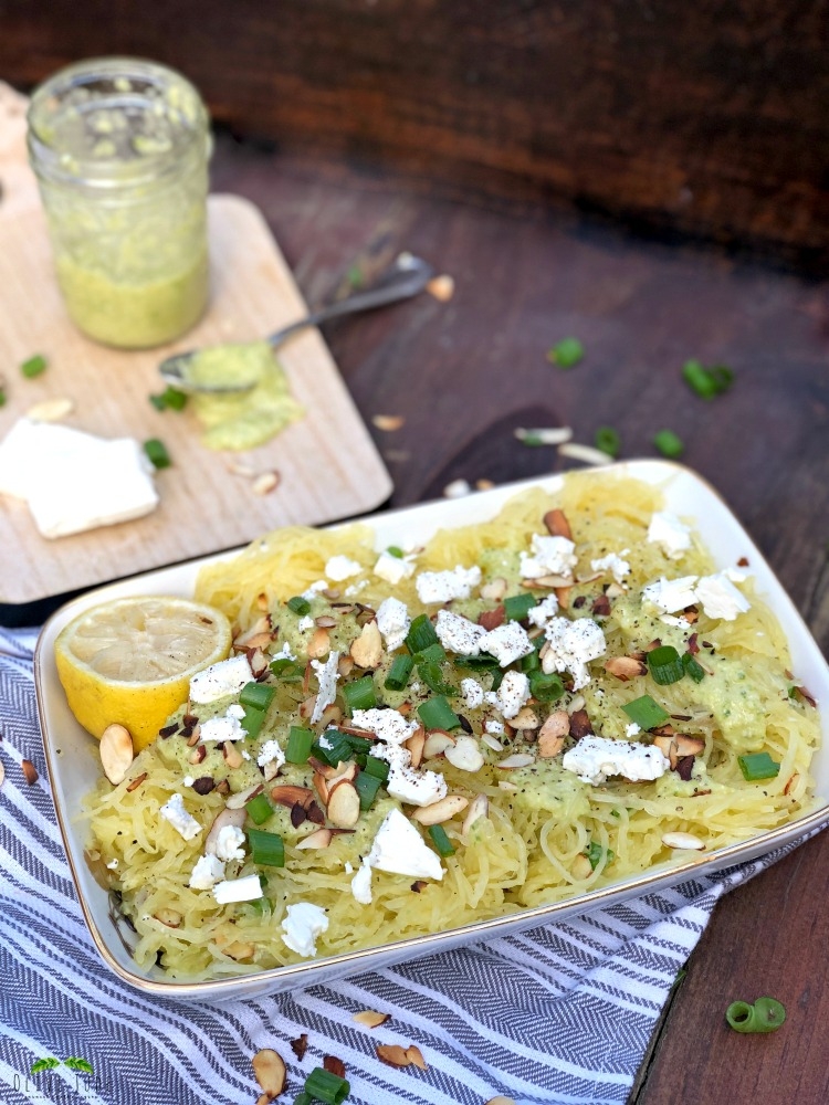 Warm Spaghetti Squash Salad with Artichoke Purée #spaghettisquashrecipes #artichokepuree #spaghettisquashsalad #artichokedressing